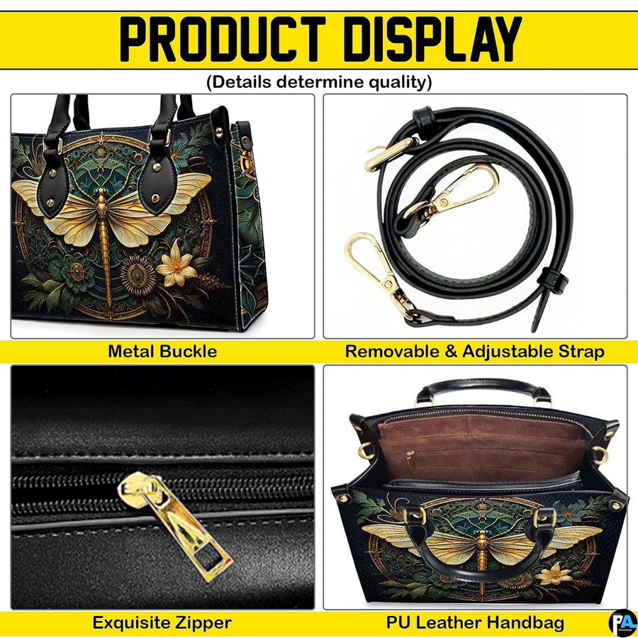 Top view of gold dragonfly handbag showing zippered top closure and dual structured handles