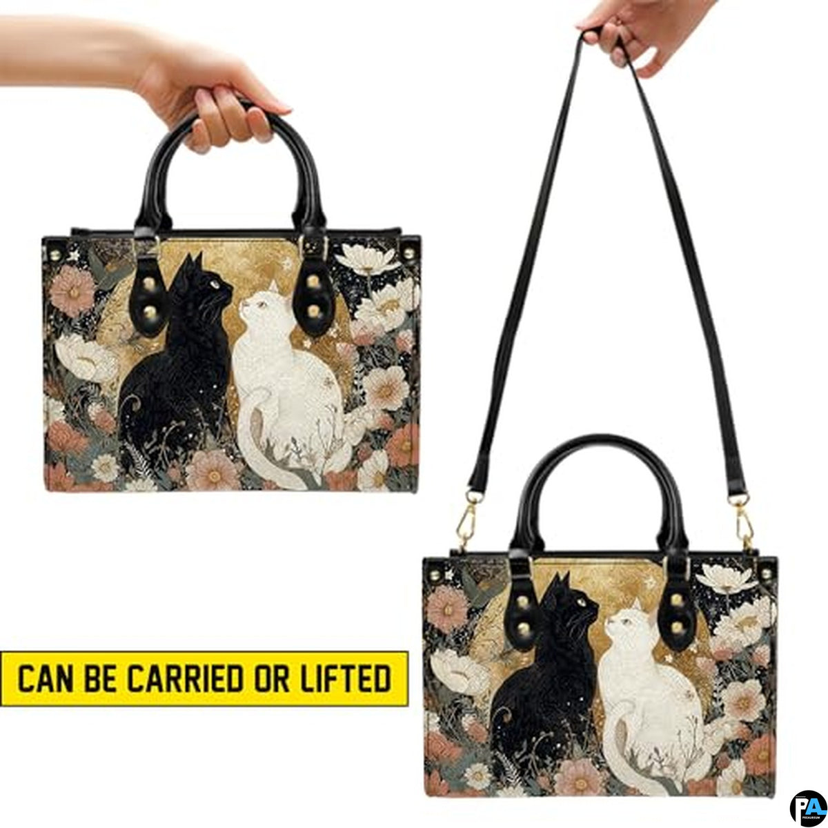 Black Cat Leather Bag – Vintage Cat Art Handbag, Stylish Animal-Themed Purse, Unique Gift for Cat Lovers
