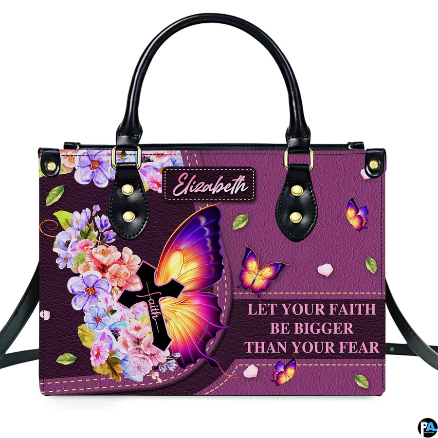 Front product view of the purple butterfly cross Christian handbag on white background