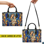 Back view of stained glass Madonna handbag showing coordinated cathedral mosaic pattern