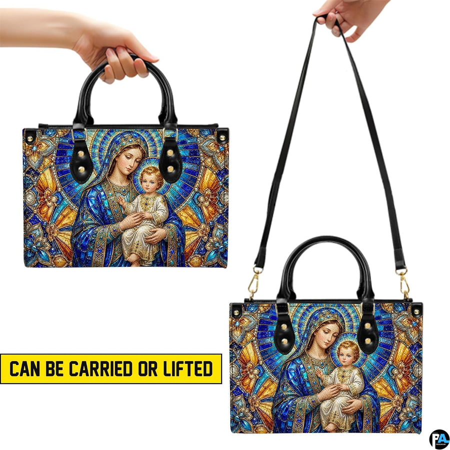 Back view of stained glass Madonna handbag showing coordinated cathedral mosaic pattern