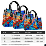Three scaled proportion options showcasing stained glass Virgin Mary devotional print accessory.