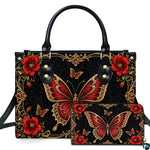 Front studio presentation showing baroque red butterfly artwork alongside companion accessory on white surface.