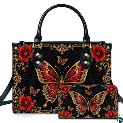 Front studio presentation showing baroque red butterfly artwork alongside companion accessory on white surface.