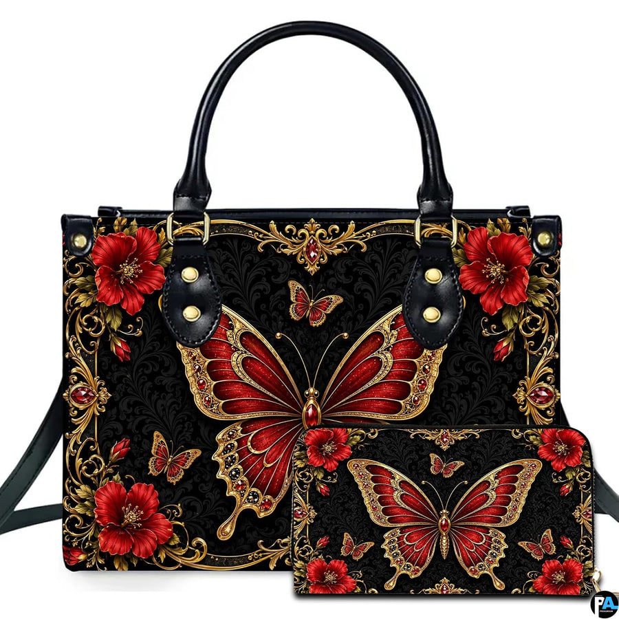 Front studio presentation showing baroque red butterfly artwork alongside companion accessory on white surface.