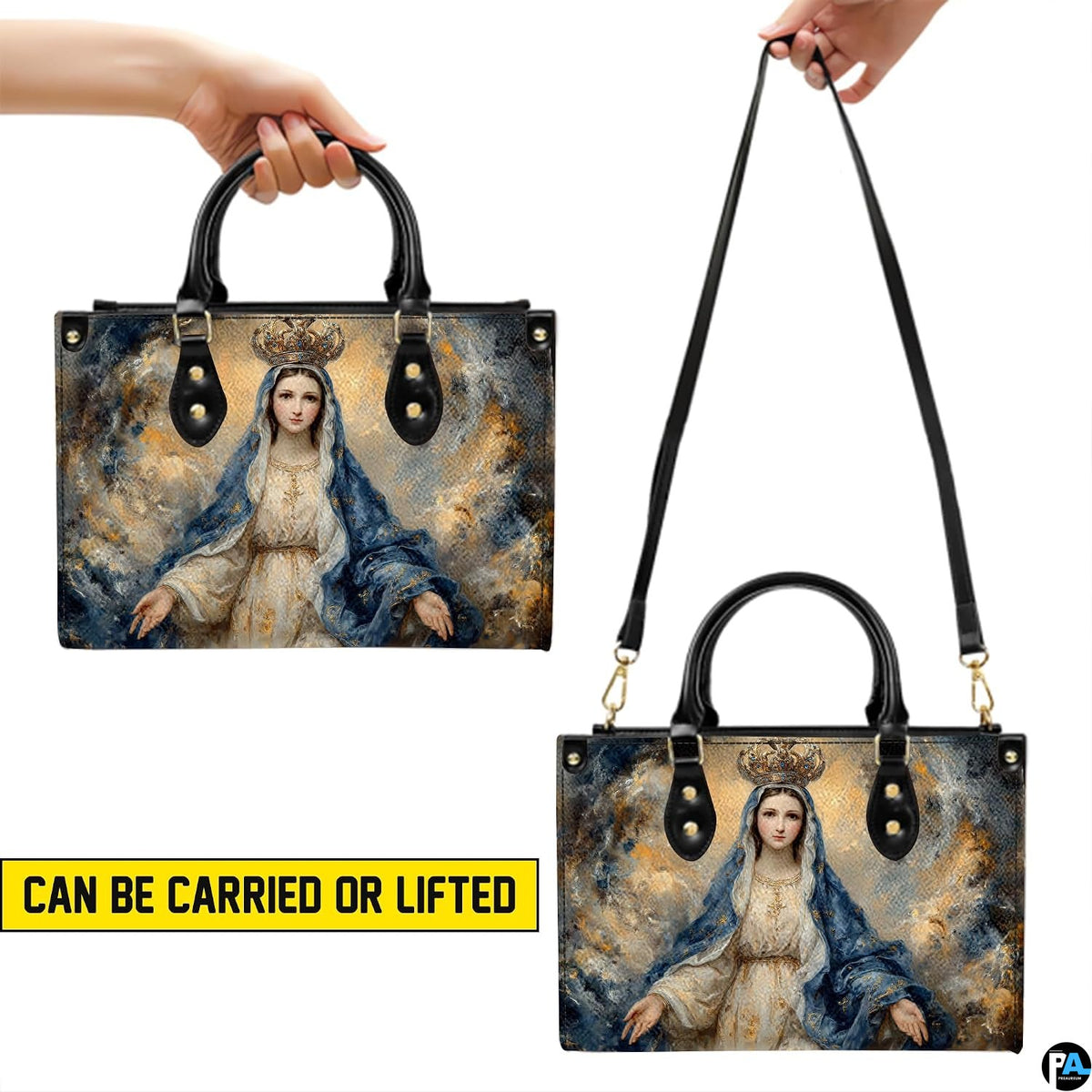 Infographic displaying dual top handle carry and shoulder carry styling options