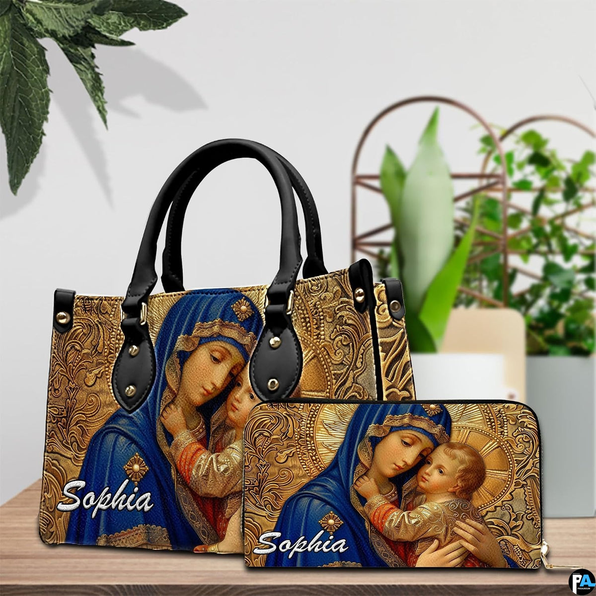 Matching royal blue Madonna handbag and wallet set in botanical lifestyle display
