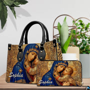 Matching royal blue Madonna handbag and wallet set in botanical lifestyle display