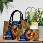 Matching royal blue Madonna handbag and wallet set in botanical lifestyle display
