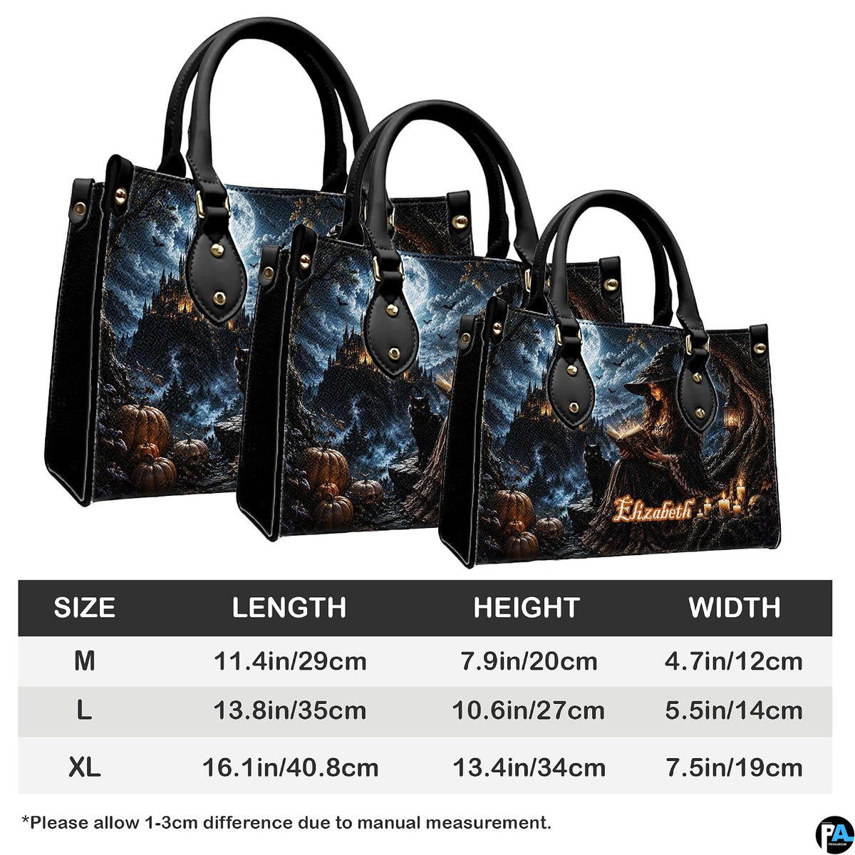 Size comparison guide detailing medium, large, and extra-large satchel dimensions and measurements.