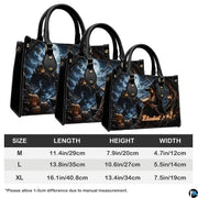 Size comparison guide detailing medium, large, and extra-large satchel dimensions and measurements.