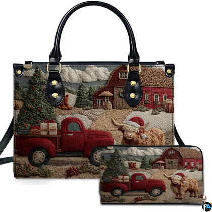 Studio isolated view of rustic winter farm artwork with red pickup truck and highland cow on white backdrop.