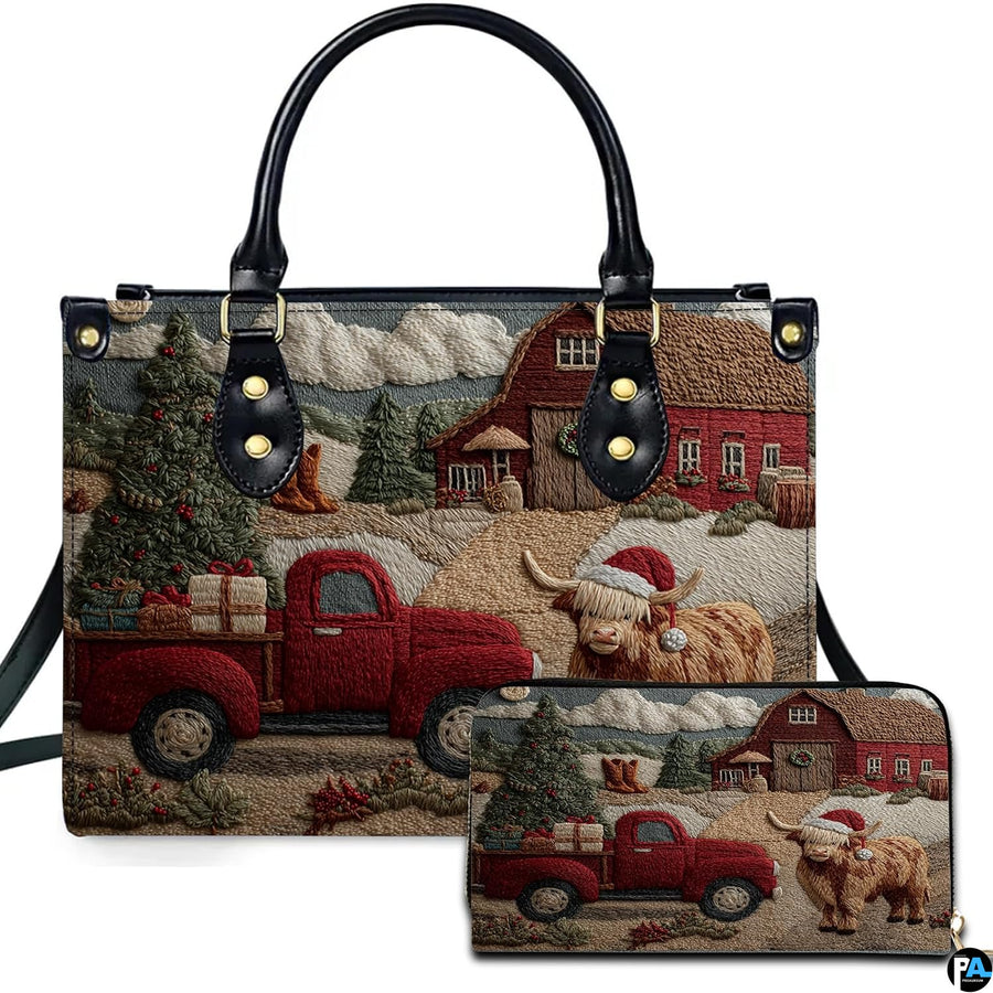 Studio isolated view of rustic winter farm artwork with red pickup truck and highland cow on white backdrop.