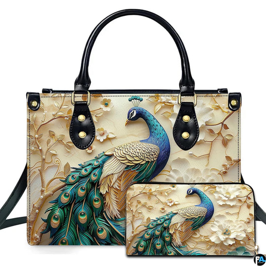 Peacock floral design handbag with matching wallet