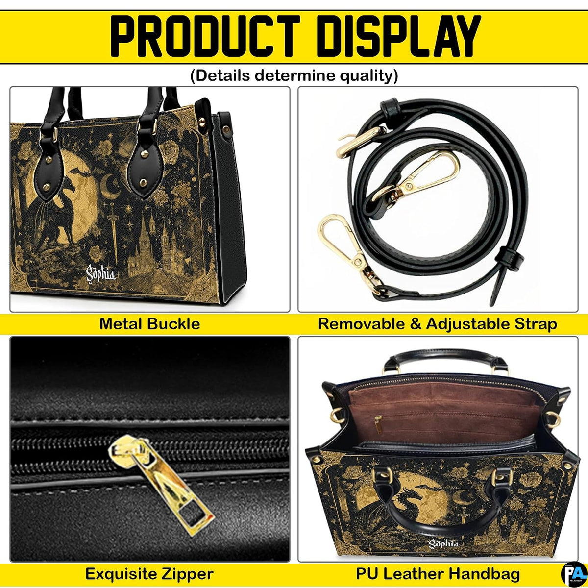 Four-panel showcase illustrating design details, hardware, and interior layout.