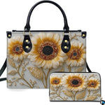 Front view of golden cream sunflower handbag and matching wallet set with golden botanical vines.
