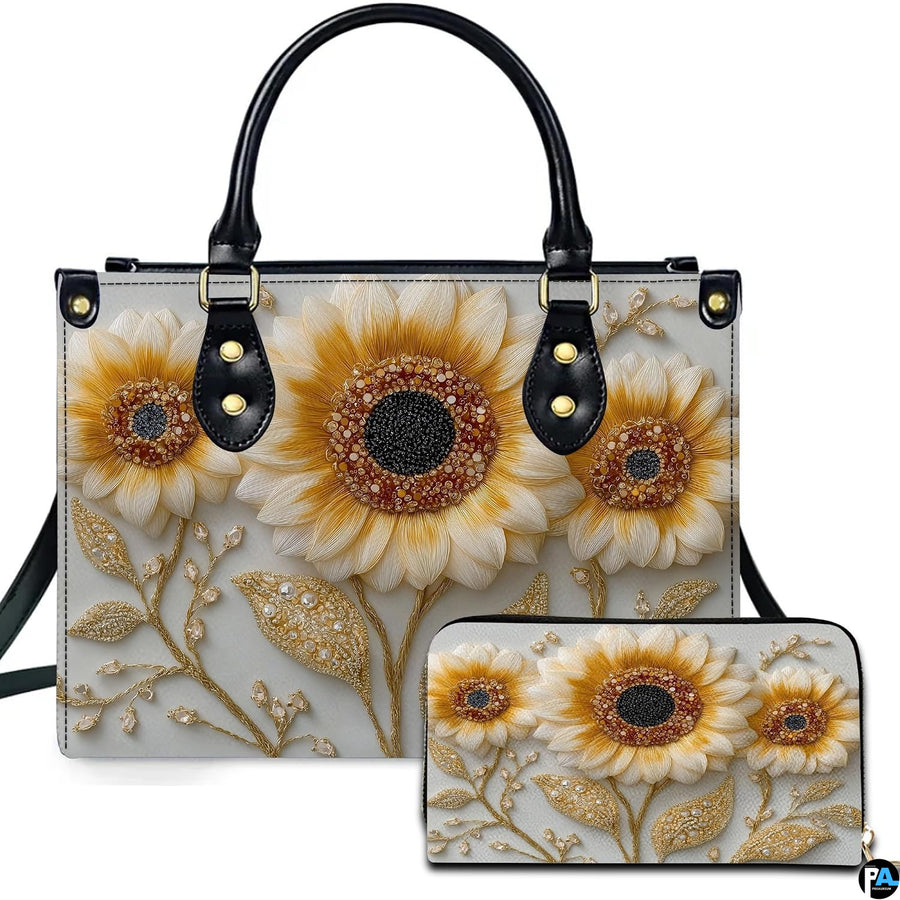 Front view of golden cream sunflower handbag and matching wallet set with golden botanical vines.
