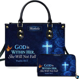 Christian Faith Glowing Cross Blue Rose Handbag and Wallet Set