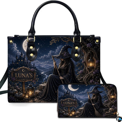 Dark witch art showing a seated sorceress beside a lantern, ancient tree, and mountain castle under crescent moon.