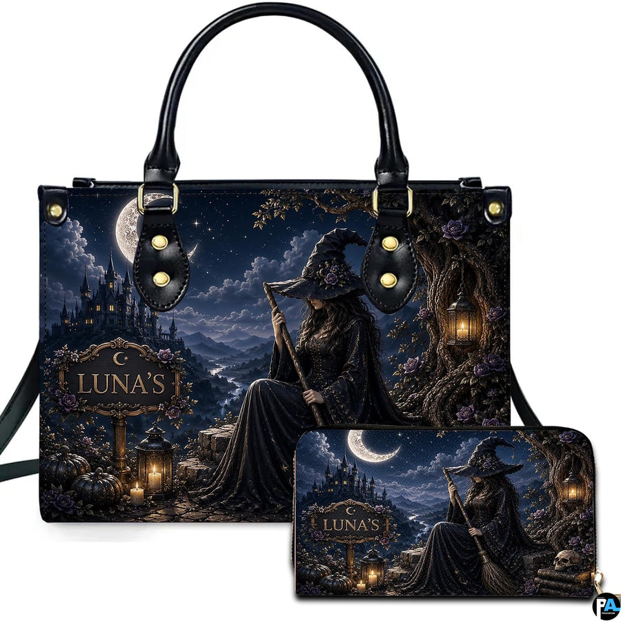 Dark witch art showing a seated sorceress beside a lantern, ancient tree, and mountain castle under crescent moon.