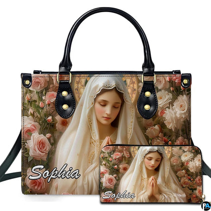 Virgin Mary in ivory veil and blush rose garden artwork on handbag with matching wallet