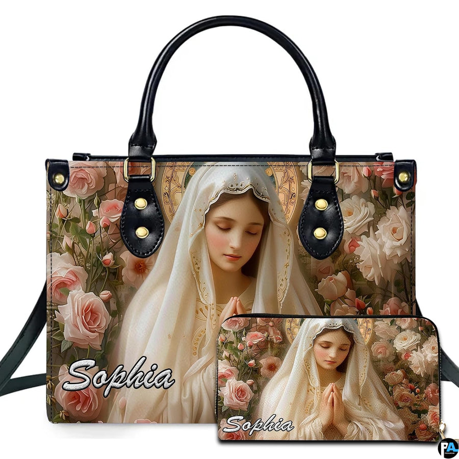 Virgin Mary in ivory veil and blush rose garden artwork on handbag with matching wallet