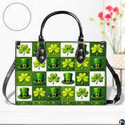 Front view of clover and festive hat checkerboard handbag