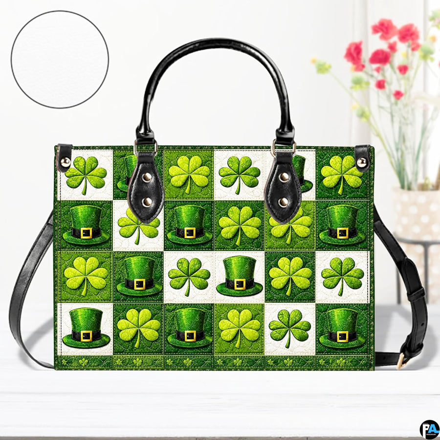 Front view of clover and festive hat checkerboard handbag