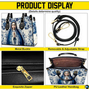 Product detail display of handbag shoulder strap, buckle, zipper closure, and interior.