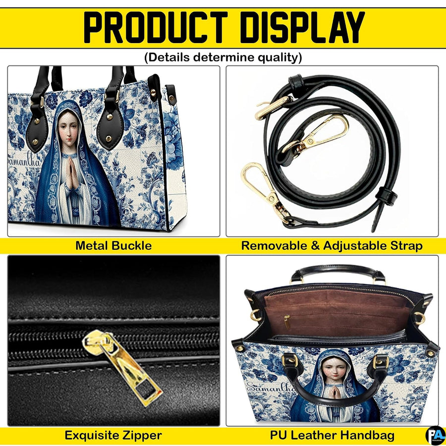 Product detail display of handbag shoulder strap, buckle, zipper closure, and interior.