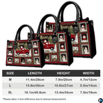 Measurement chart indicating product dimensions for vintage Christmas handbag.