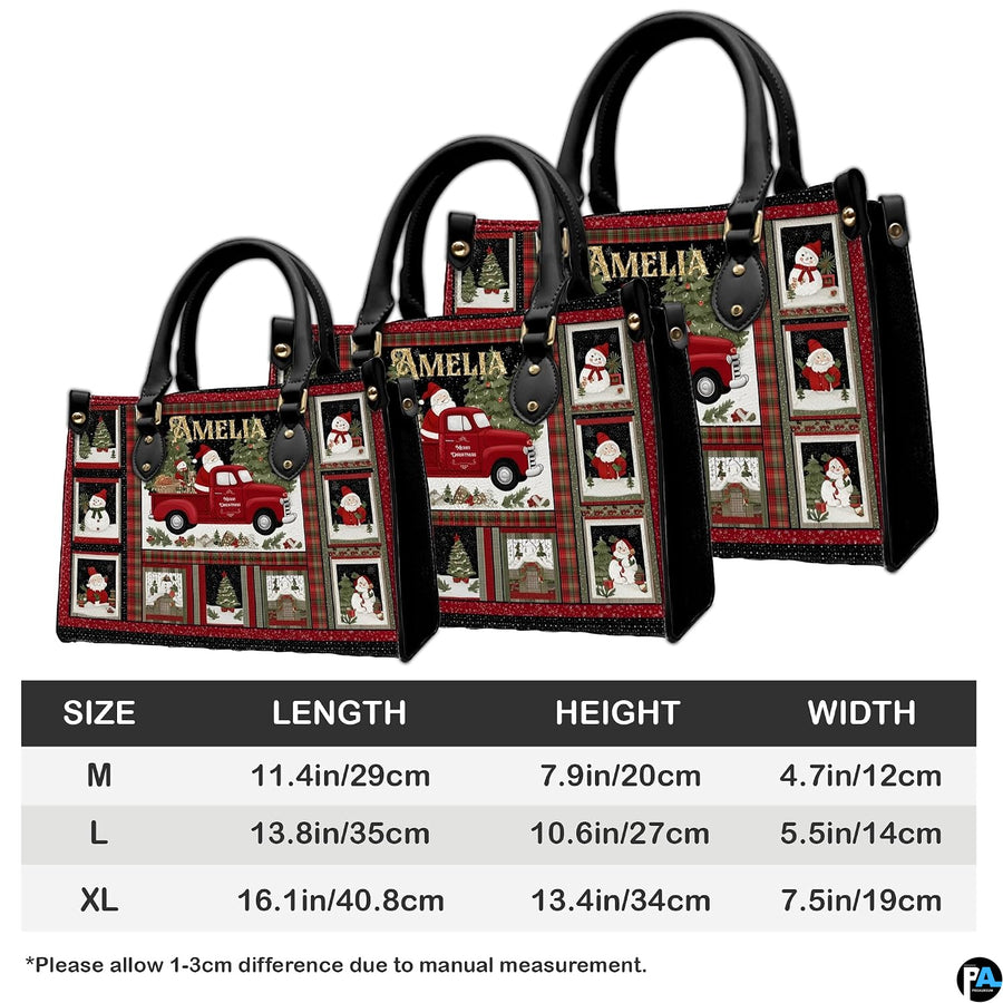 Measurement chart indicating product dimensions for vintage Christmas handbag.