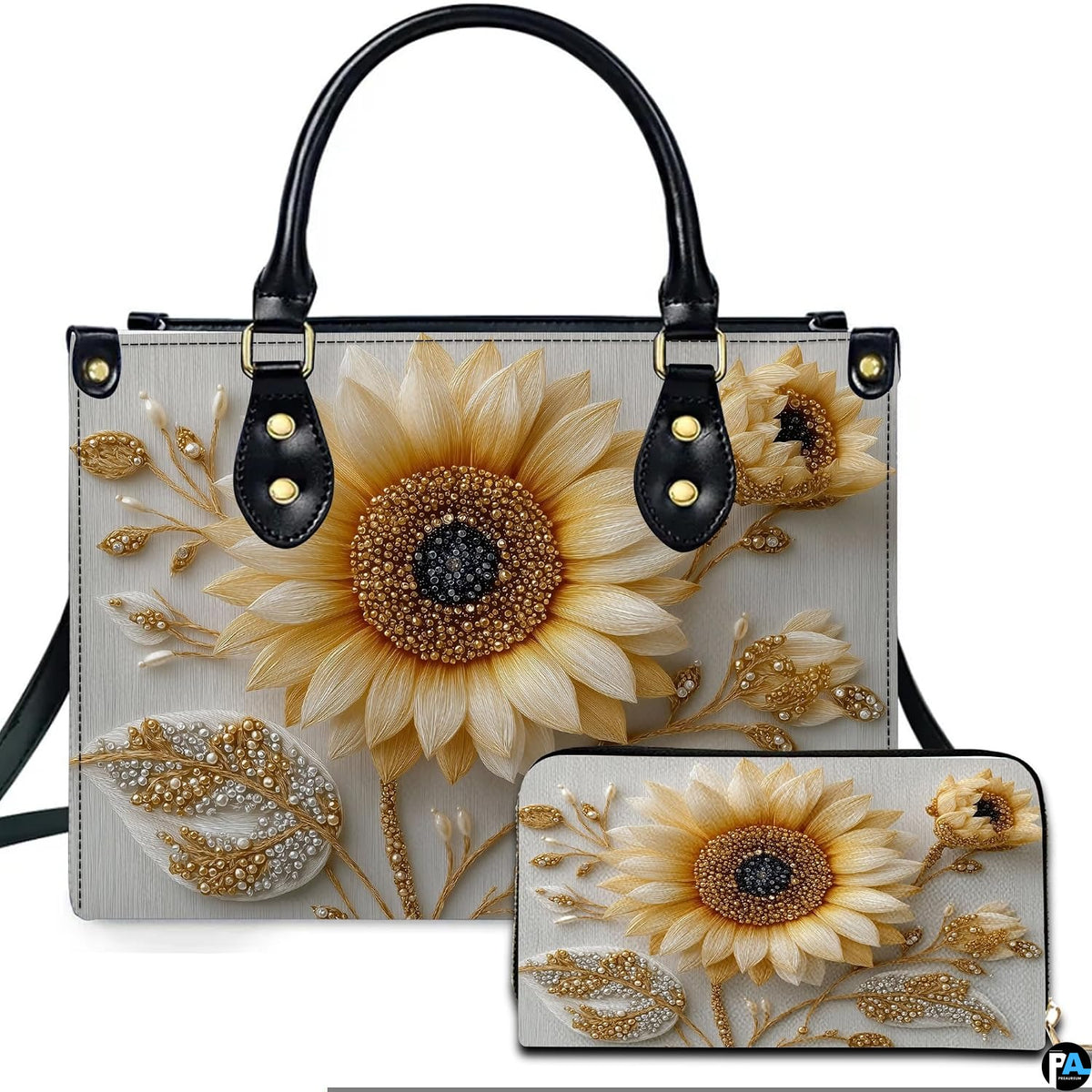 Front view of radiant sunflower bloom handbag and matching wallet set with gilded foliage accents.