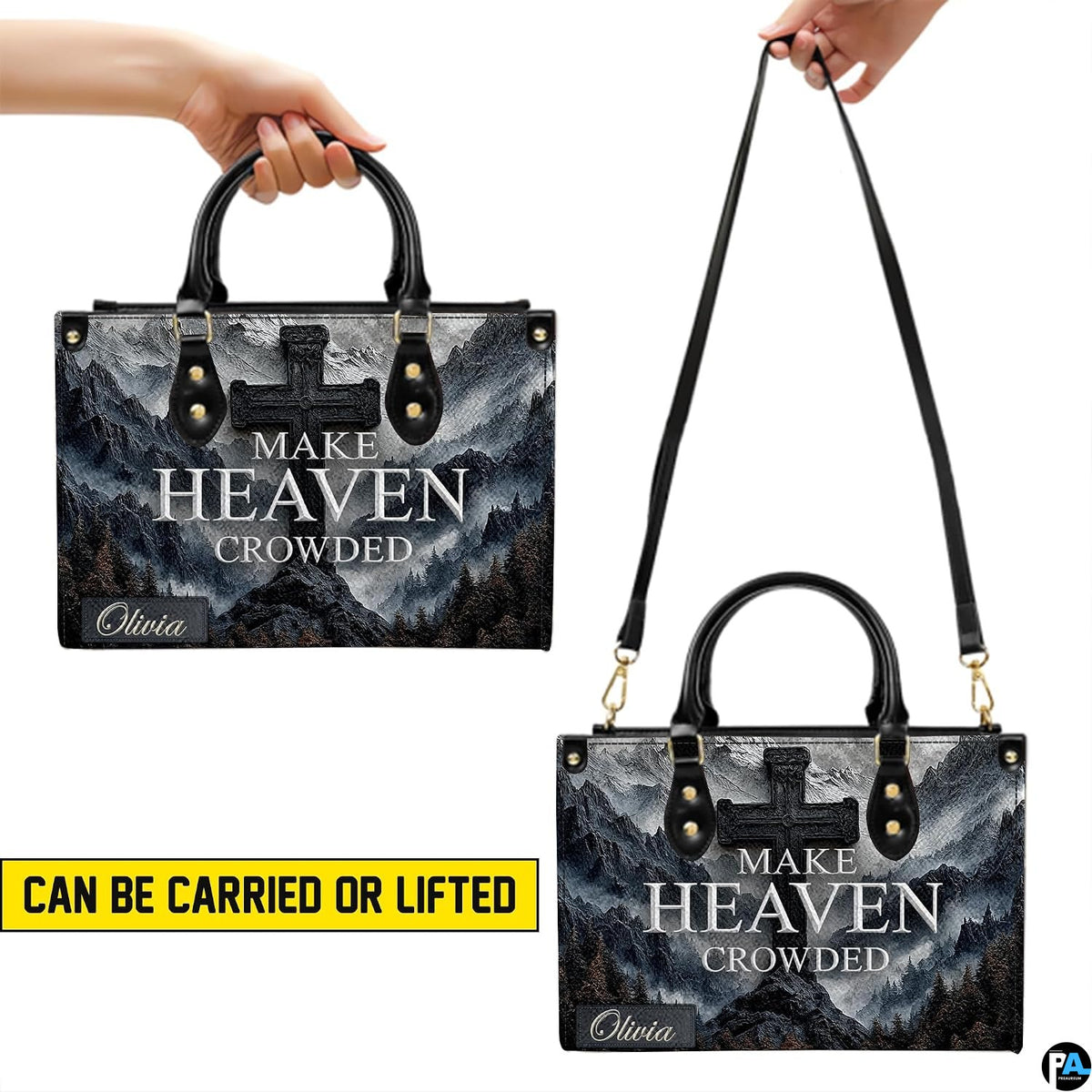 Side perspective view of mountain cross handbag and wallet showing structured profile