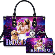 Cosmic disco canine handbag and matching zip wallet shown against studio background with neon artwork.