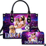 Cosmic disco canine handbag and matching zip wallet shown against studio background with neon artwork.
