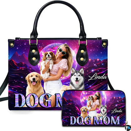 Cosmic disco canine handbag and matching zip wallet shown against studio background with neon artwork.