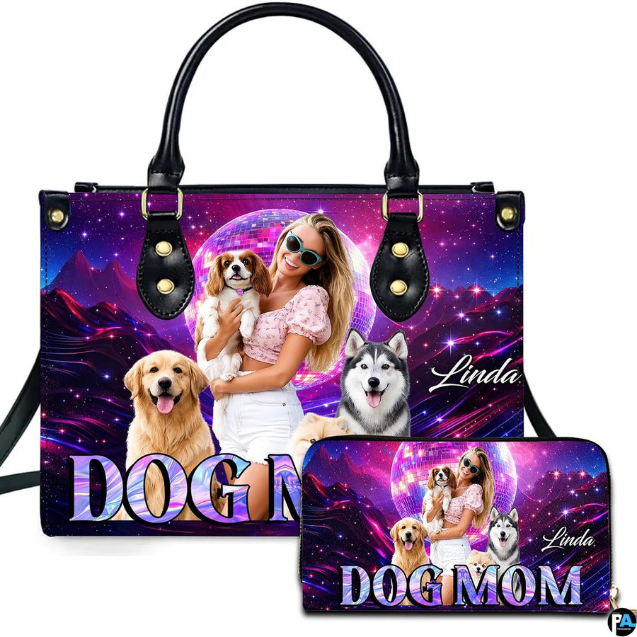 Cosmic disco canine handbag and matching zip wallet shown against studio background with neon artwork.