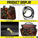 Four panel presentation highlighting graphic elements, metallic hardware accents, and interior view.