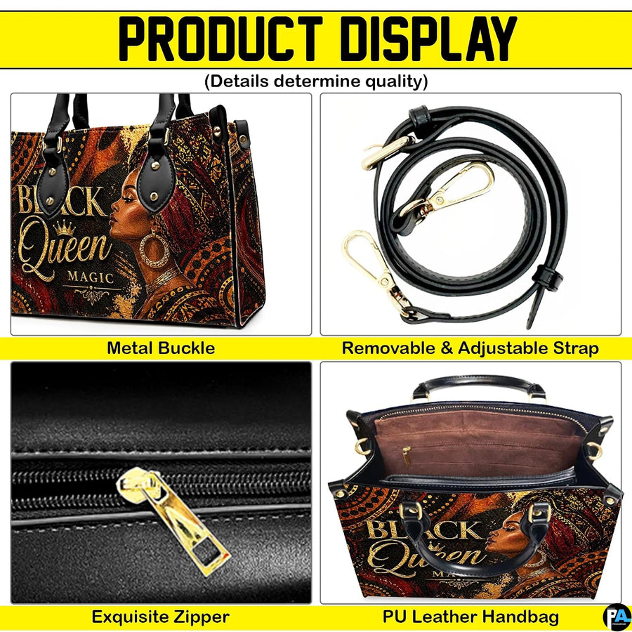 Four panel presentation highlighting graphic elements, metallic hardware accents, and interior view.