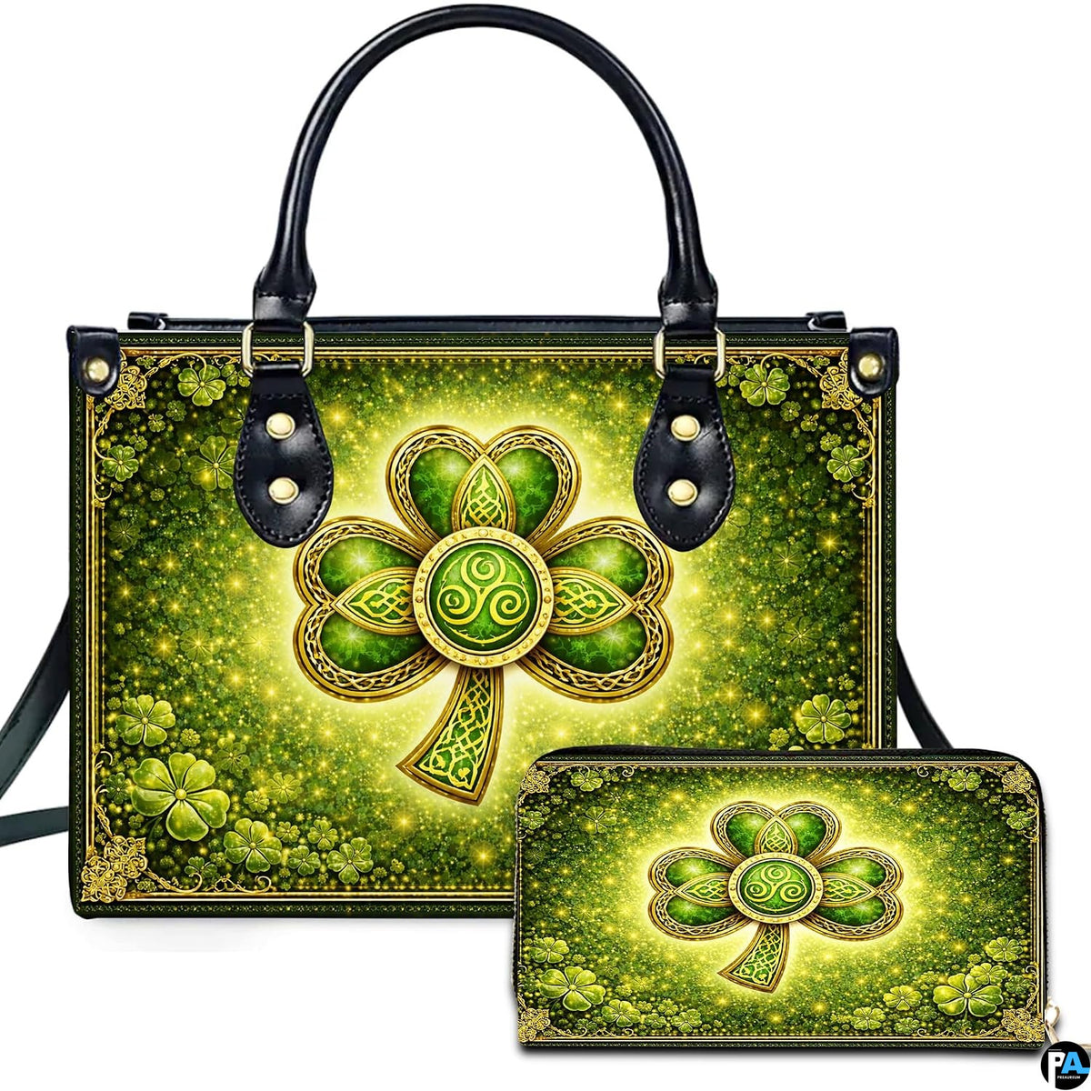 Shamrock handbag and matching wallet with green Celtic clover artwork