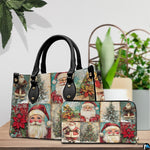 Close-up detail showcasing the antique paper textures and smiling Santa Claus portrait.