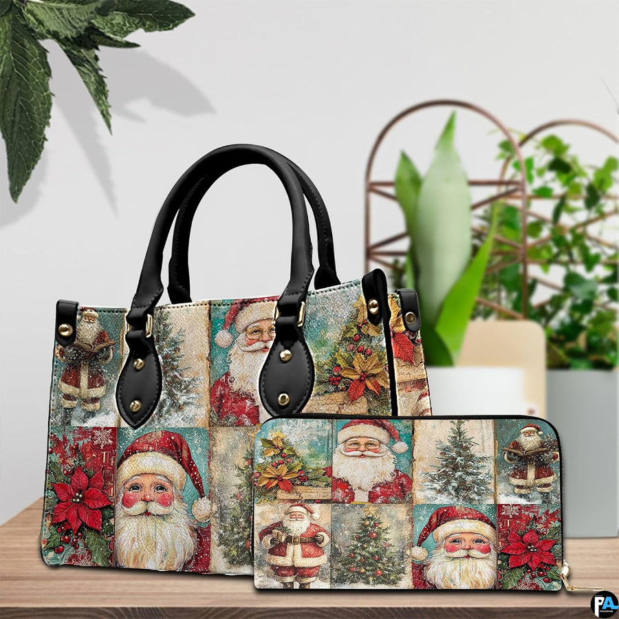 Close-up detail showcasing the antique paper textures and smiling Santa Claus portrait.
