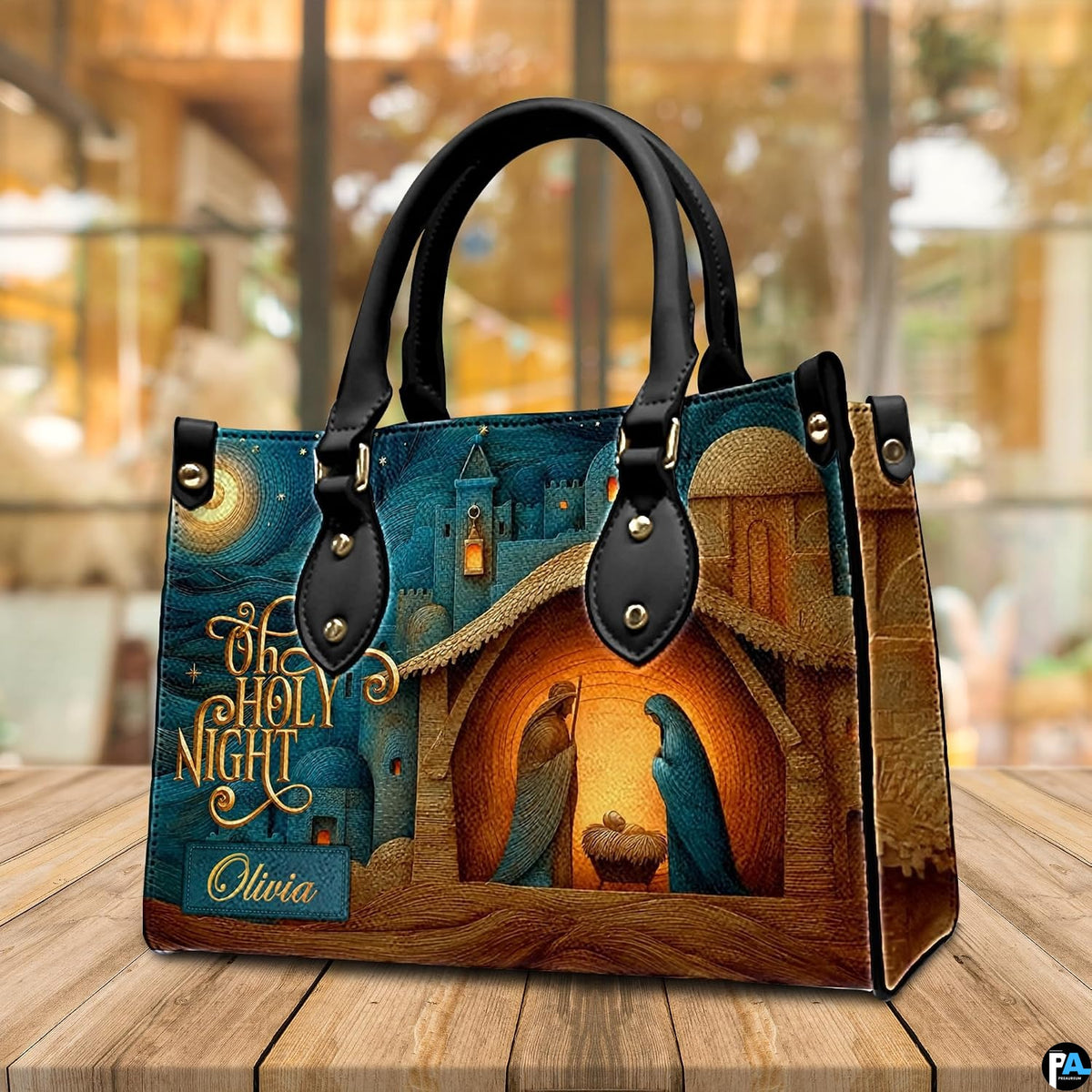 Detailed view of matching Bethlehem nativity scene zippered wallet