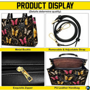 Four paneled composition illustrating decorative views of hardware accents, butterfly motifs, and interior view.