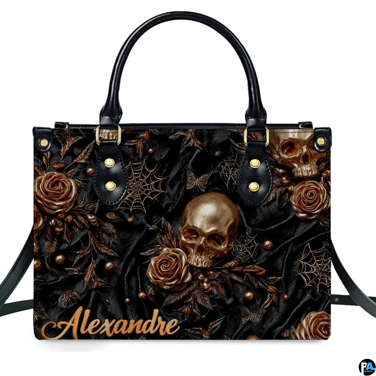 Gothic golden skull rose spiderweb handbag displayed alone on white studio background.