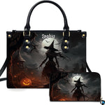 Dark fantasy witch art featuring a solitary cloaked sorceress presented across an accessory pairing.