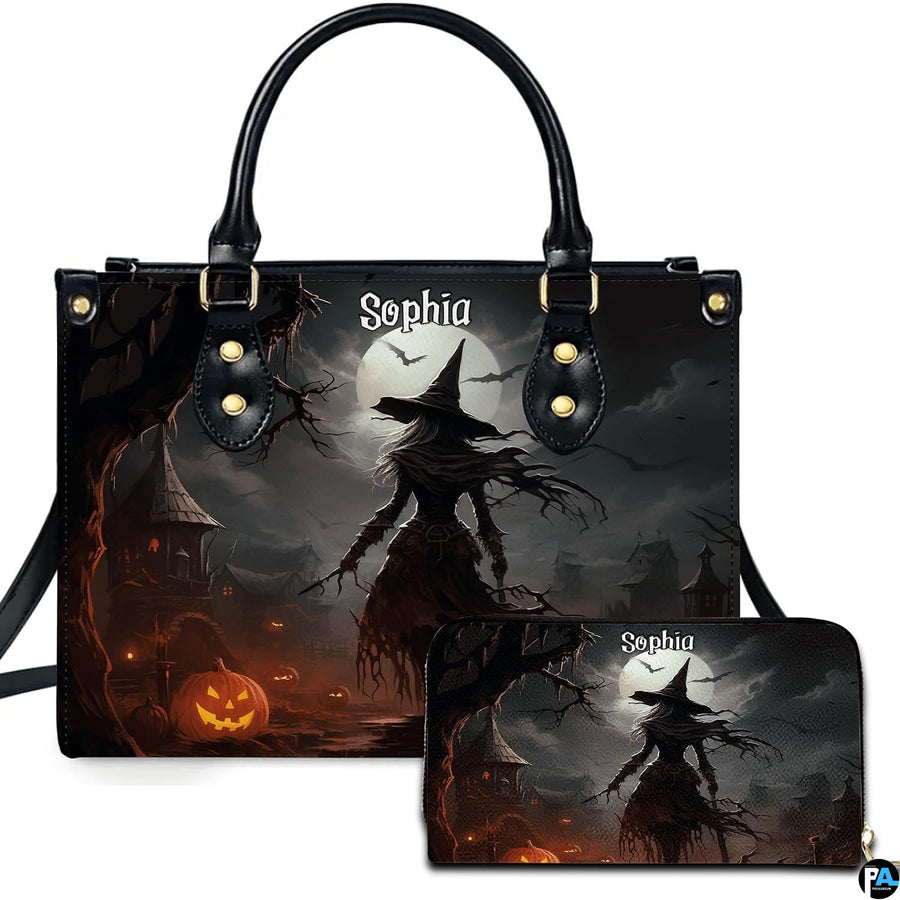 Dark fantasy witch art featuring a solitary cloaked sorceress presented across an accessory pairing.