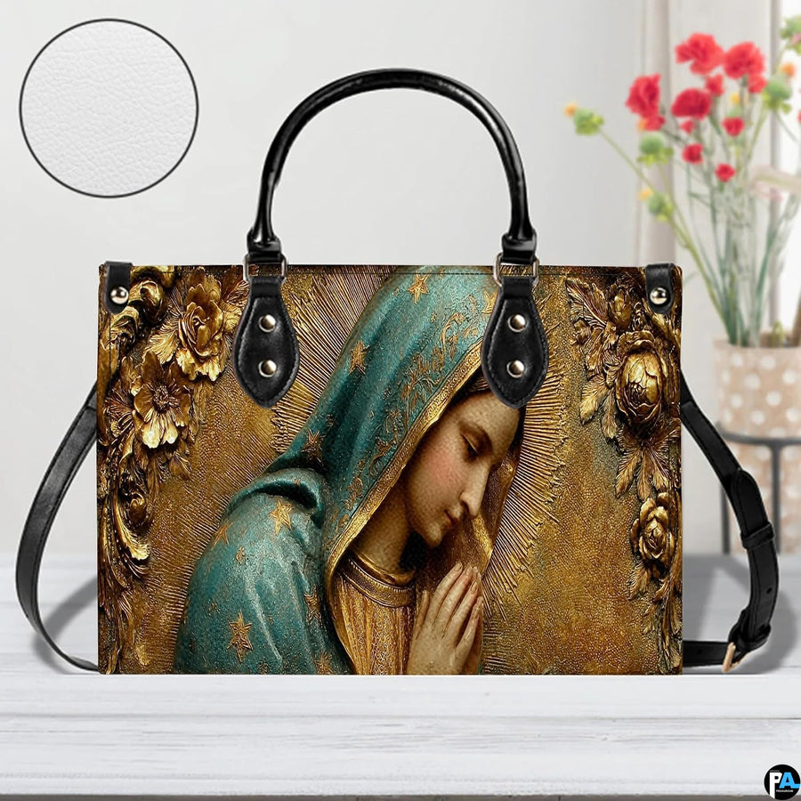 Side profile view of handbag showcasing continuous golden textured background