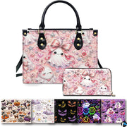 Pastel pink cute ghost Halloween handbag and matching wallet set on white background.